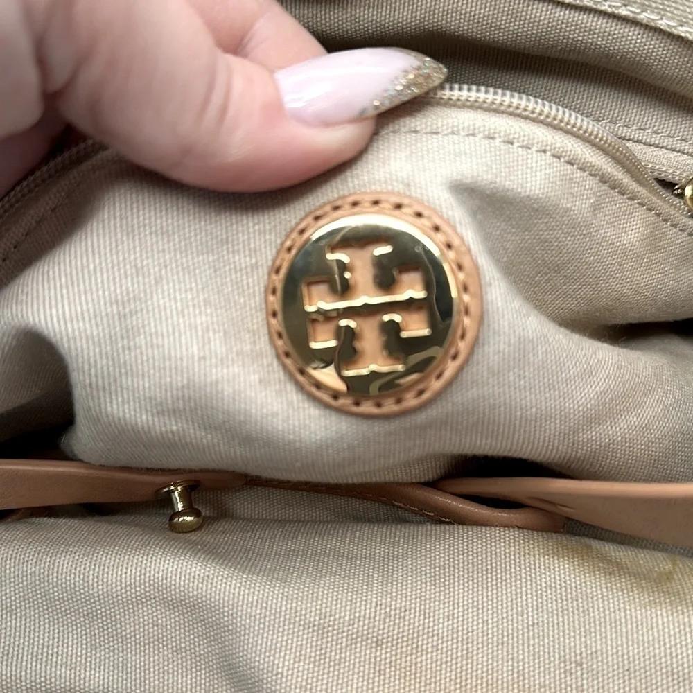 Tory Burch logo color block canvas with leather trim tote